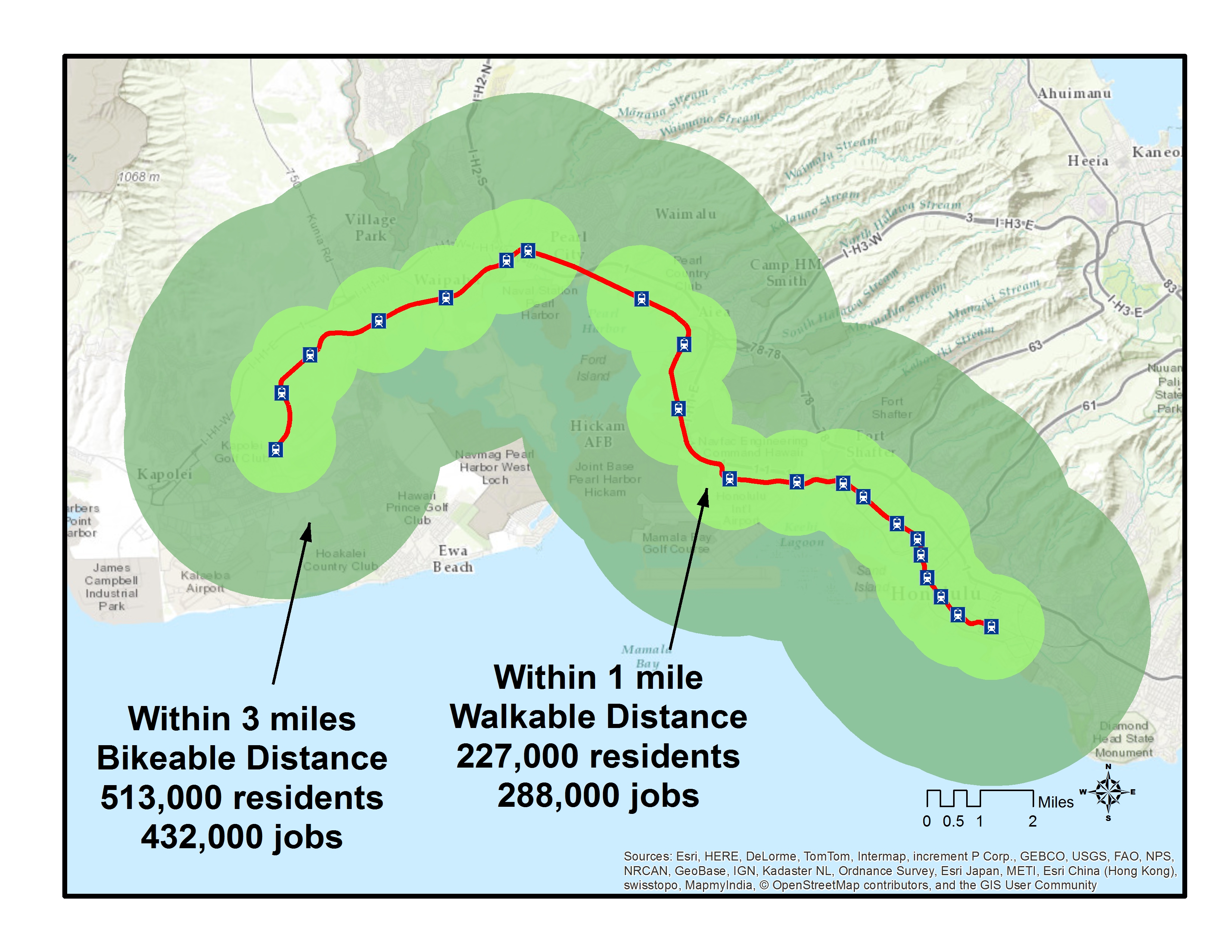 Analysis on residents and jobs within a walkable (1mi) and bikeable (3mi) distance of a rail station